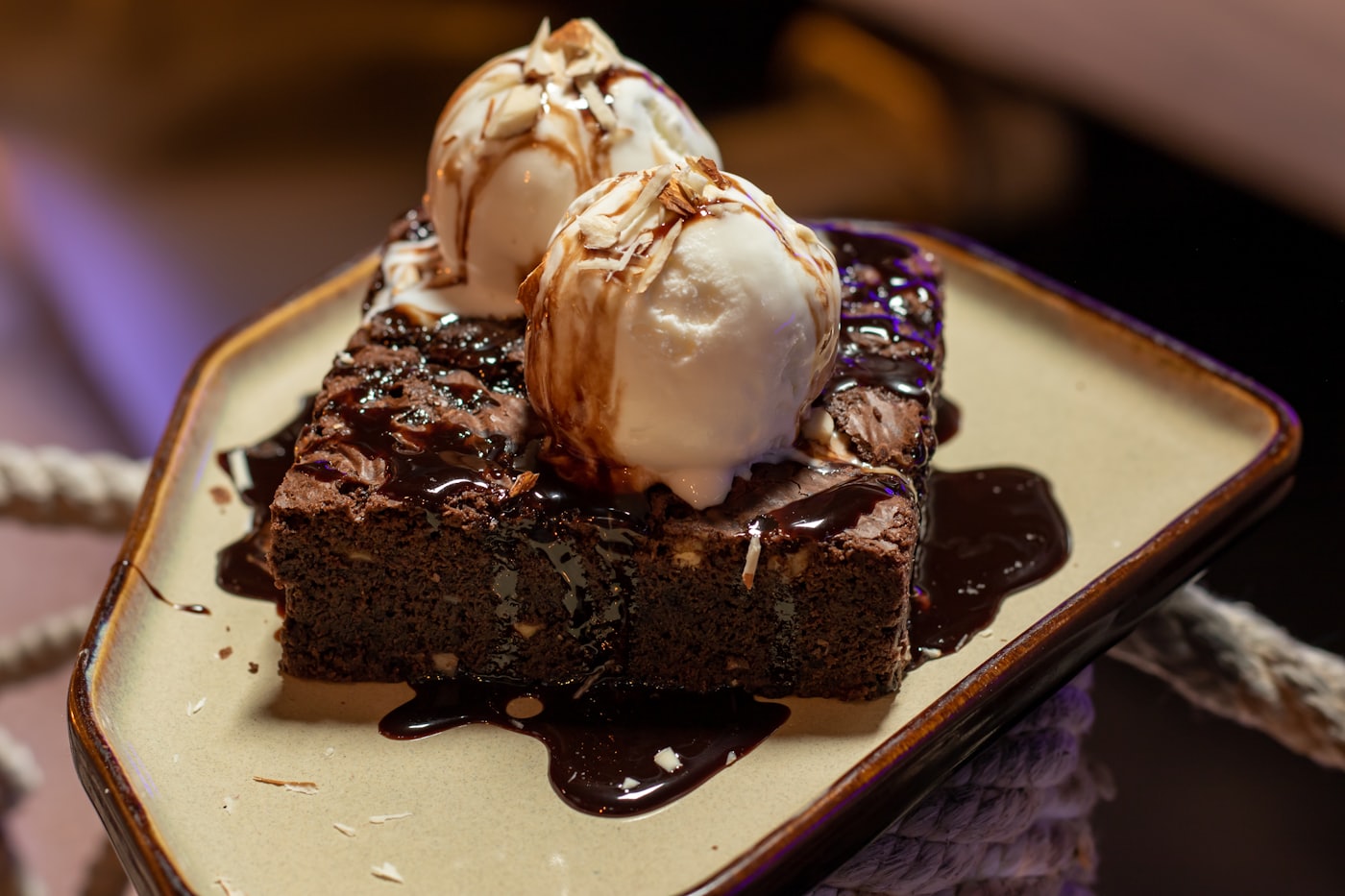 A brownie with ice cream